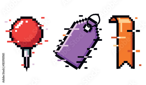Pixel art icons: red pin, purple tag, orange ribbon