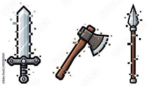 Pixel art medieval weapons: sword, axe, and spear on white background