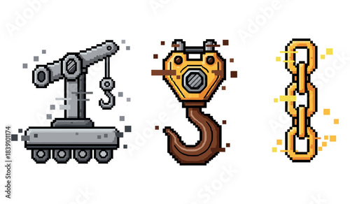 Pixel art crane components with hook and chain