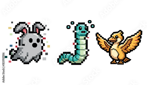 Pixel art animals: gray rabbit, blue worm, brown bird with cartoon features