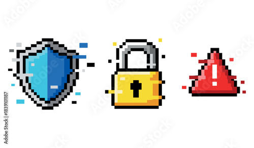 Pixel art security symbols: blue shield, yellow lock, red cone