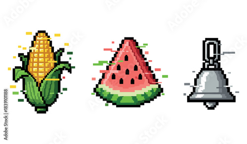 Pixel art icons of corn, watermelon, and bell in vibrant colors