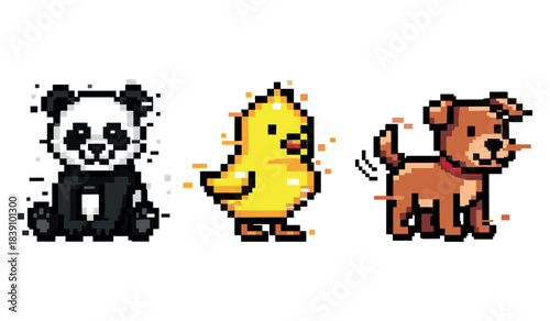 Pixel art panda chick dog trio on white background