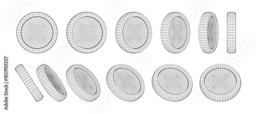 Wireframe 3D Object Turntable With Editable Stroke For Animation, Game Design And Digital Modeling, Featuring Multiple Rotational Views. Wireframes Concept. Vector Illustration.