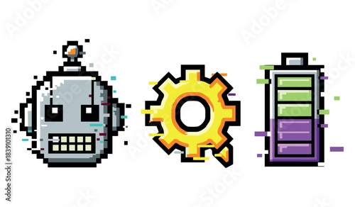 Pixelated robot head gear battery animation icons on white background