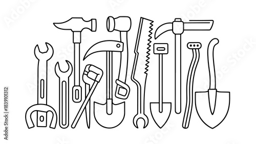  line art illustration representing work, repair, garden, and construction