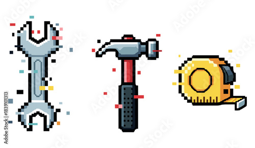 Pixel art tools: wrench, hammer, tape measure in retro style