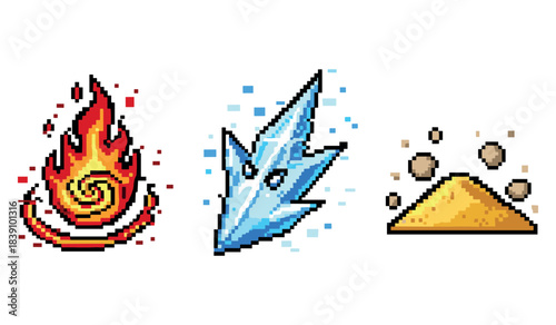 Pixel art elements: fire, ice, and earth symbols on white background