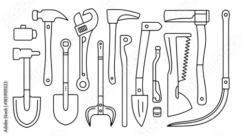 Various hand tools line art illustration representing work, repair, garden, and construction
