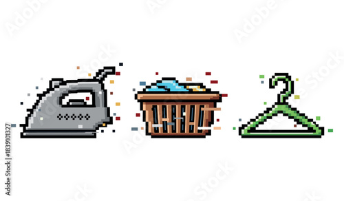 Pixel art iron, laundry basket, and hanger on white background