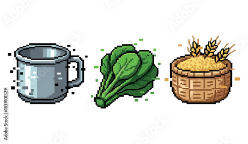 Pixel art featuring metal mug spinach basket of grain