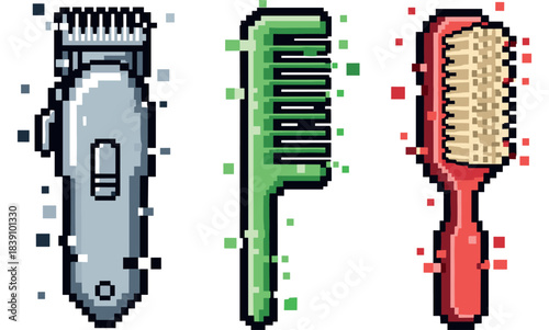Pixel art hair clippers comb and brush set in vibrant colors