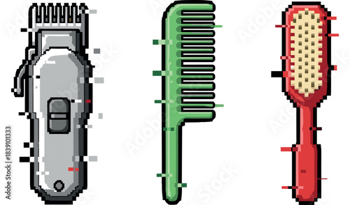 Pixel art barber tools: hair clipper, comb, and brush in retro style