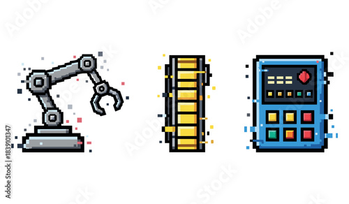 Pixel art of robotic arm, conveyor belt, and control panel in retro style