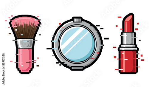 Pixel art makeup set: brush, mirror, lipstick with glitch effect
