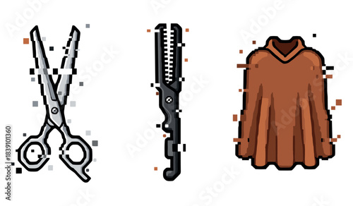 Scissors, comb, and sweater icons with pixelated style
