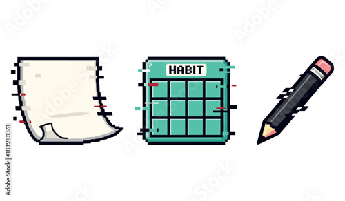 Pixel art of paper, habit tracker, and pencil icons for organization