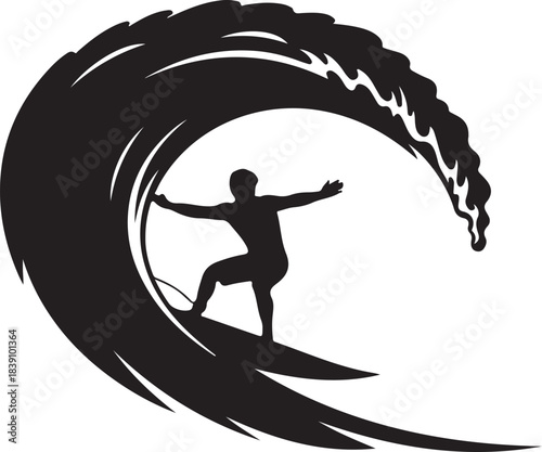 Silhouette of a surfer riding a large wave surfing