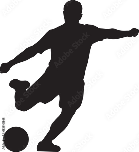 Silhouette of a soccer player kicking a ball on white background Keywords: soccer, football