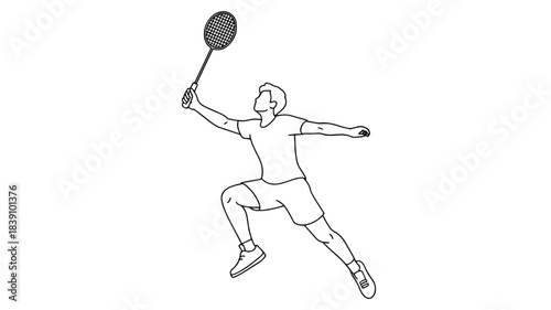 Athlete playing badminton, reaching for a shuttlecock with racket 