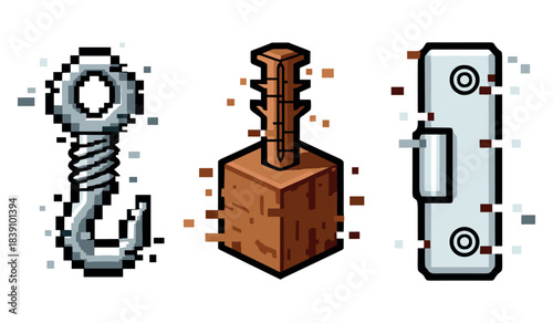 Pixel art objects: hook, pixelated stone cube, rectangular handle with glitch effect