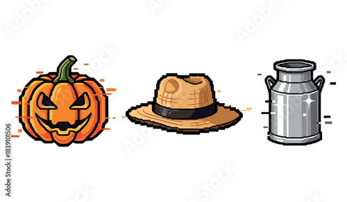 Pixel art halloween pumpkin, straw hat, and milk can icons