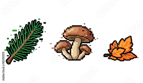Pixel art of pine branch, mushrooms, and autumn leaves on white background