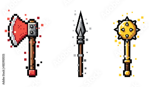 Pixel art weapons: axe, spear, and mace with retro design elements