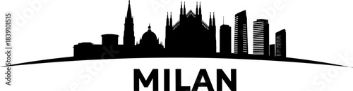 Milan skyline silhouette with text on white background