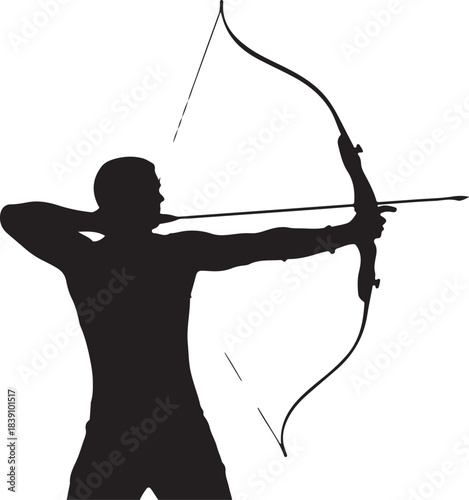 Silhouette of an archer aiming a bow and arrow on a white background