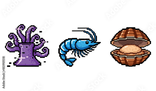 Pixel art sea creatures and objects: purple coral, blue shrimp, open clam with pearl