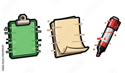 Cartoon stationery: clipboard, notepad, red pen illustration