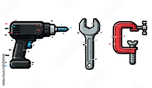 Cartoon power drill, wrench, and clamp tools with retro pixel design