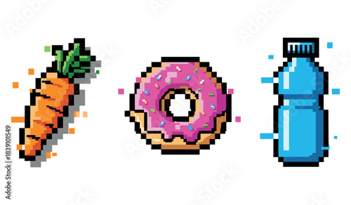 Colorful pixel art of carrot, donut, and water bottle