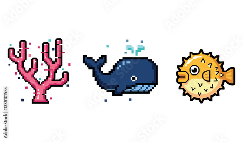Pixel art sea creatures: coral, whale, pufferfish in vibrant colors