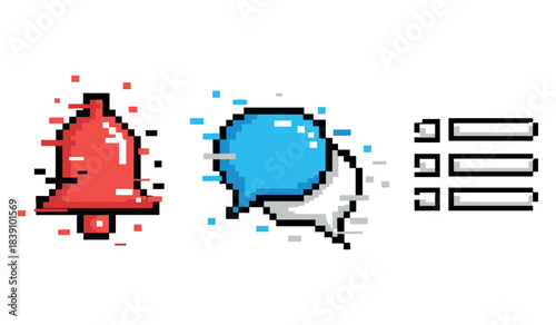 Pixel art notification icons: red bell, blue chat bubble, checklist