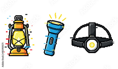 Vector art of lantern, flashlight, and headlamp in pixel style