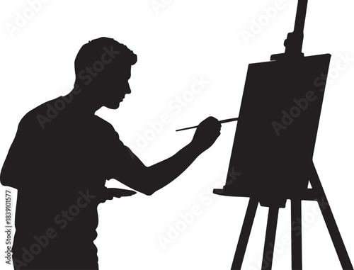 Silhouette of an artist painting on an easel Keywords: artist, painting, silhouette, easel