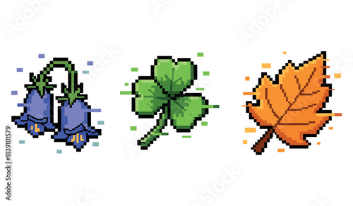 Pixel art collection: bluebell, clover, maple leaf icons