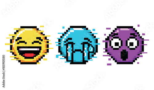 Colorful pixel art emojis expressing happiness, sadness, and surprise