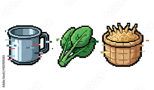 Pixel art: metal mug, fresh spinach, and basket of grain