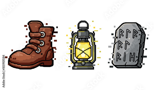 Pixel art boot, lantern, and runestone trio on white background