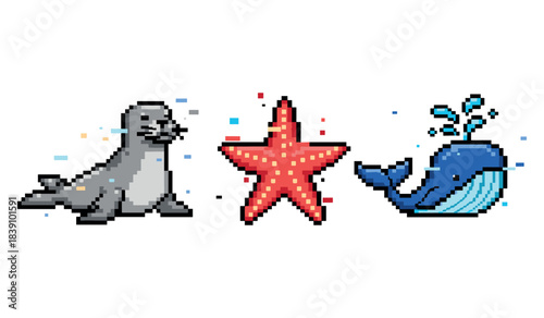 Colorful pixel art of sea animals: seal, starfish, whale
