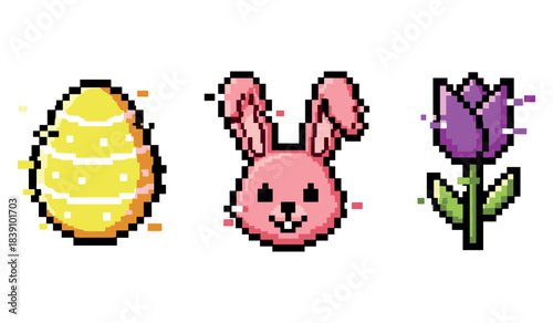 Pixel art easter egg, bunny, and tulip icons with vibrant colors