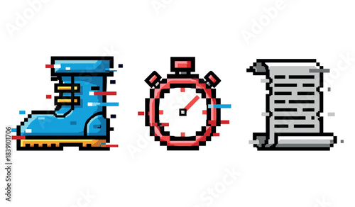 Pixel art: boot, stopwatch, and scroll icons with glitch effect