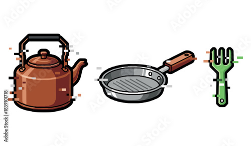 Pixel art kitchen tools: kettle, frying pan, and fork in retro style