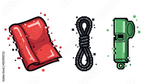 Pixel art of red flag, coiled rope, and green whistle on white background