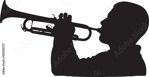 Silhouette of man playing trumpet Keywords: silhouette, man, playing, trumpet, musician, music