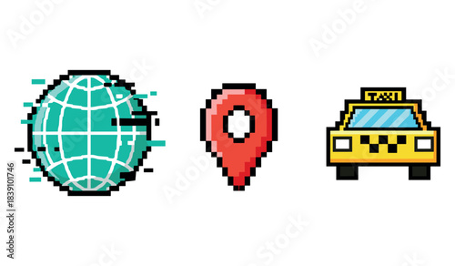 Pixel art globe, map pin, and taxi icon set