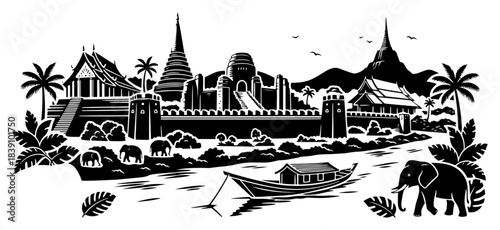 Thailand landscape silhouette vector illustration with ancient temples elephants and longtail boat on river